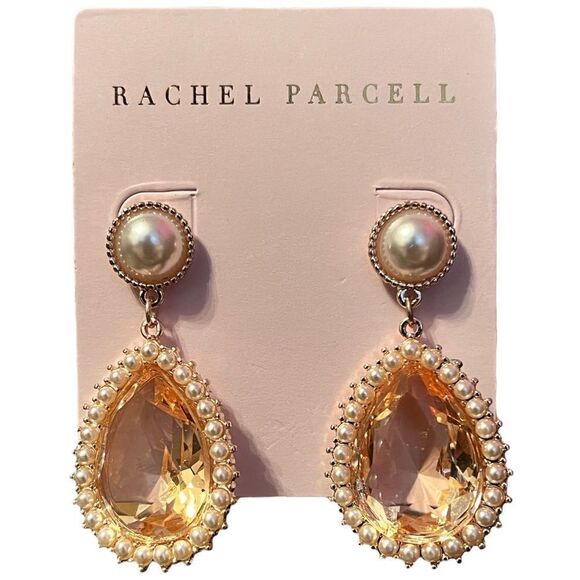 NWT Rachel Parcell Pearl Champagne Glass Teardrop Statement Earrings - Picture 1 of 3